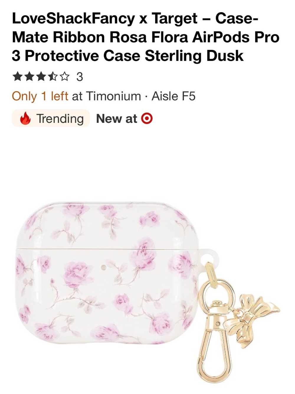 LoveShackFancy x Target Pink Floral AirPods Pro Case with Gold Bow Charm